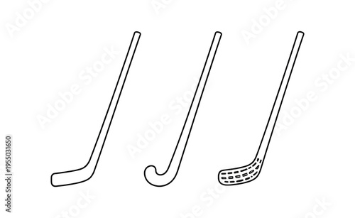 Three outlined hockey sticks showing three distinct blade and shaft outline styles on white.