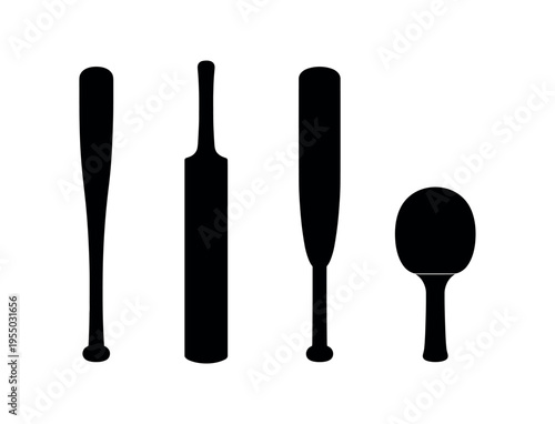 Four solid black sports bats and a paddle shown as simple silhouette shapes in a row.