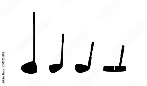 Four black silhouette golf clubs showing a driver, irons and a putter in simple shapes.