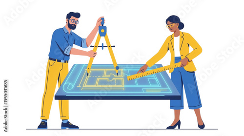 Architect and Engineer Team Working on Blueprint Plan with Ruler and Compass Vector Illustration