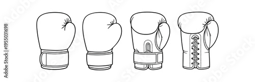 Four black outline boxing gloves shown from different angles cuffs and lacing details.