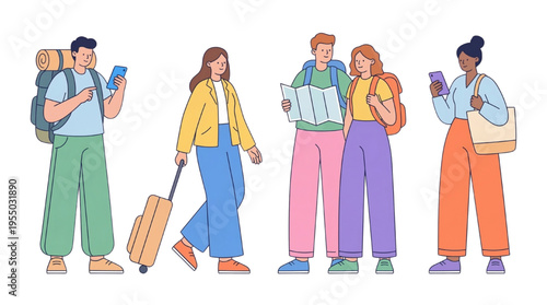 Travel and Tourism Character Vector Set: Diverse People with Luggage, Backpacks, and Maps