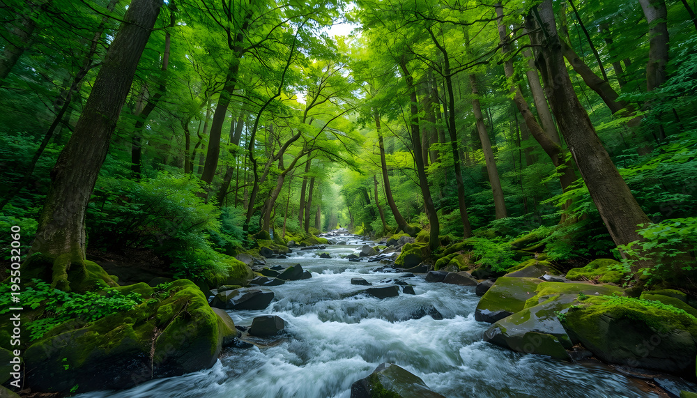 Fototapeta premium stream in the forest,crystal stream in the woods ,stream flow through the forest , sunlight forest by the stream , forest stream serenity