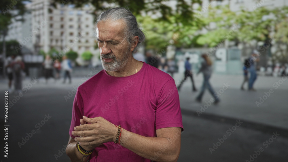 Fototapeta premium Man with clasped hands and bracelets, gray hair pulled back, looking down on a busy urban street; thoughtful reflection.
