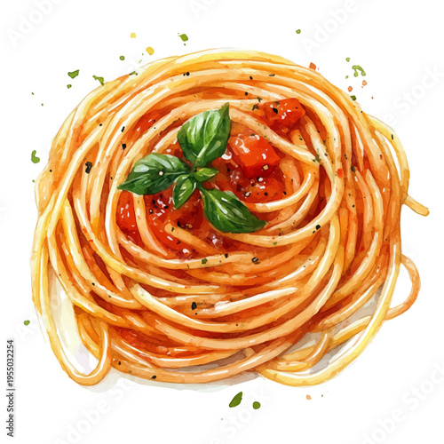 Spaghetti, watercolor with intricate brush textures and gentle highlights, isolated on a white background.