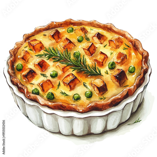 Shepherdas Pie, illustration watercolor with dynamic strokes and balanced color harmony, isolated on a white background.