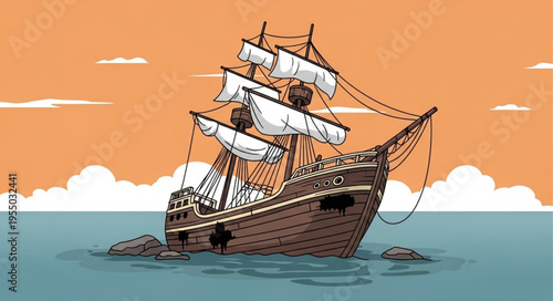 Wrecked Ship Illustration - A Detailed View of a Grounded Vessel.