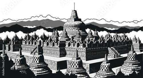 Detailed Black and White Illustration of the Borobudur Temple.