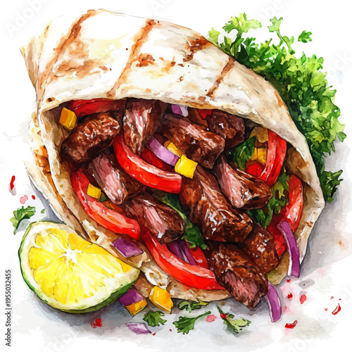 Shawarma, illustration watercolor artwork with subtle gradients and elegant contours, isolated on a white background.