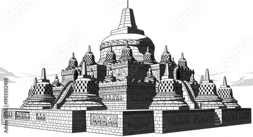 Detailed Line Art Depiction of the Borobudur Temple in Indonesia.
