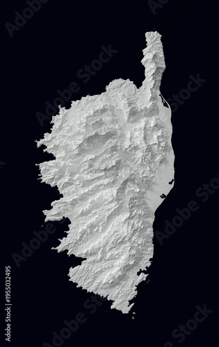 Carte en relief de la Corse en version monochrome et ultra détaillée - rendu 3D