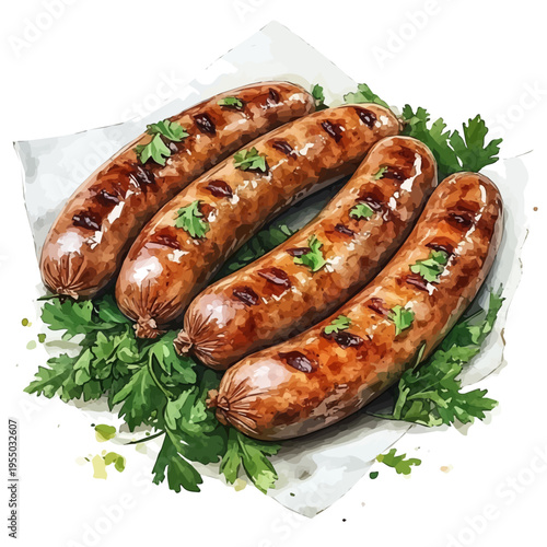 Sausages, refined watercolor illustration with luminous tones and soft layered brushwork, isolated on a white background.