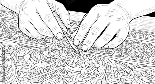 Hands meticulously working on intricate textile design with precision.