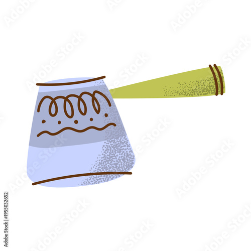 Turkish coffee pot vector. Traditional cezve for morning espresso, oriental cafe branding, and kitchen equipment flat marketing illustration