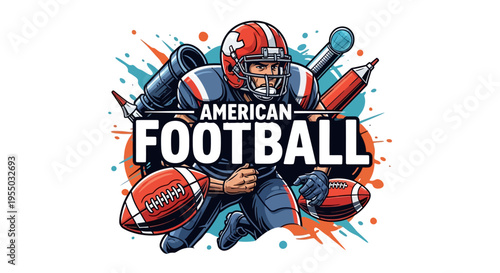 American Football Player in Action Surrounded by Equipment and Abstract Shapes - Dynamic Sports Illustration