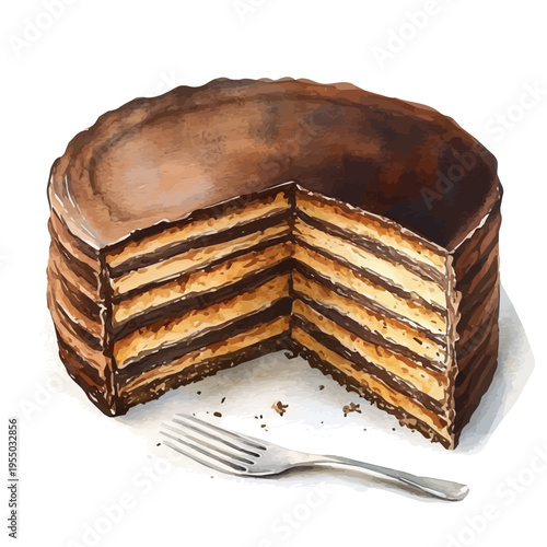 Sacher Torte, illustration watercolor with dynamic strokes and balanced color harmony, isolated on a white background.