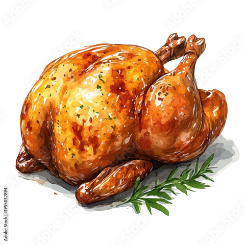 watercolor of Roast Chicken, vector clipart, isolated on a white background.