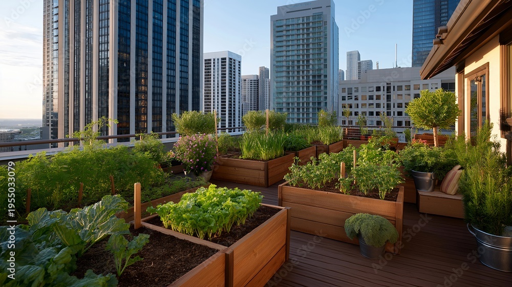 Fototapeta premium Raised garden beds filled with vegetables growing on rooftop, city buildings surrounding, watering can and gardening gloves on wooden bench, perfect for rooftop cultivation, urban farming, and