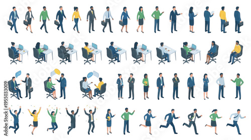 Isometric Business People Character Set: Corporate Office Workers Walking, Sitting, Talking, Running, and Jumping with joy