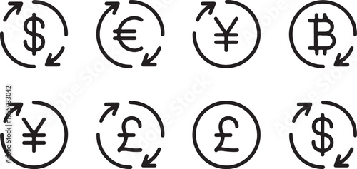 currency symbols icon set vector black circular arrows for finance use