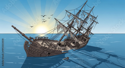 Detailed Illustration of a Shipwrecked Galleon in Open Water.