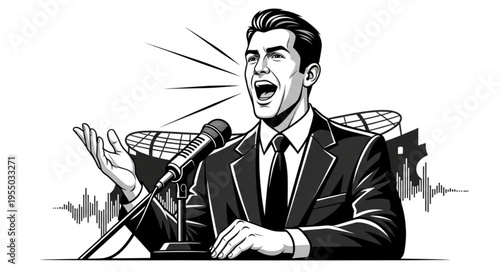 Dynamic Speaker Delivers Powerful Speech at Podium with Passionate Gestures.