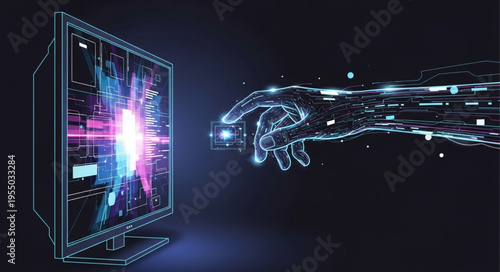 Digital Hand Interacting with a Screen Displaying Abstract Data.