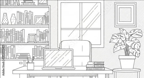 Detailed Line Art of a Home Office Setup.