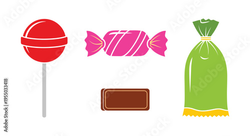 Flat Candy Set Illustration with Lollipop Wrapped Candy Chocolate Bar and Bagged Sweets