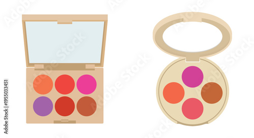 Flat Makeup Palette Set with Multiple Blush and Eyeshadow Shades and Mirror Minimal Vector Illustration