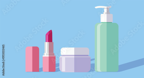 Flat Skincare and Makeup Set with Lipstick Cream Jar and Pump Bottle on Blue Background