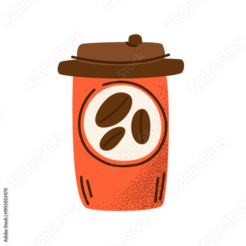 Coffee cup vector illustration. Red take away paper mug with coffee beans for cafe branding, morning breakfast menu, and catering flat marketing design.