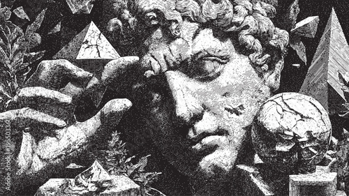 Fragments of Greek sculptures, cracked busts, and hands vector illustration.