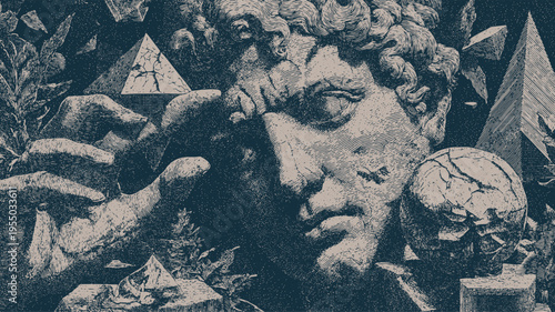 Fragments of Greek sculptures, cracked busts, and hands vector illustration.