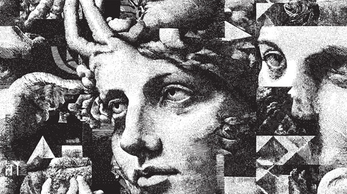 Fragments of Greek sculptures, cracked busts, and hands vector illustration.