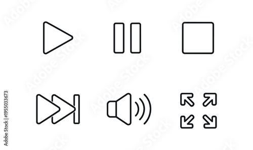 Six thin outline media control icons showing play, pause, stop, fast forward, volume and fullscreen.