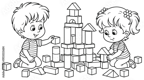 Coloring book page for children with kids playing building toy blocks