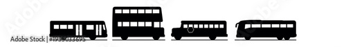 Four black side-profile bus silhouettes showing different bus types and sizes.