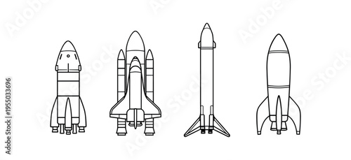 Four detailed outlined rocket line drawings in side profiles showing varied rocket designs.