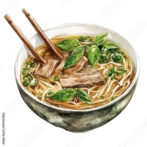 Pho, illustration watercolor artwork with subtle gradients and elegant contours, isolated on a white background.