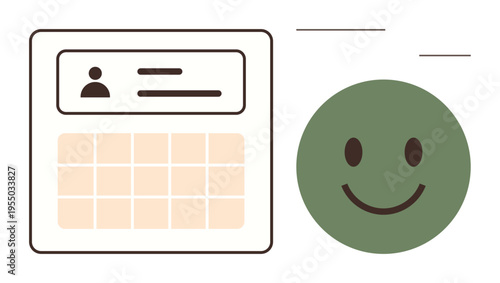 Task management, scheduling, feedback, productivity, user experience, time planning. User profile illustration with calendar and green smiling face icon. Scheduling and feedback
