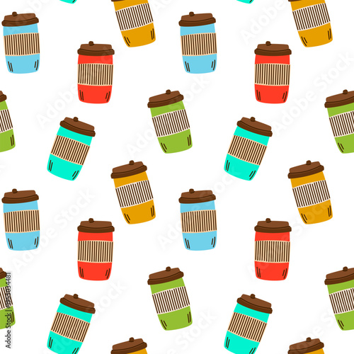 Coffee cup seamless pattern. Colorful take away paper cups background for cafe decor, kitchen textile, and food wrapping paper flat vector design.