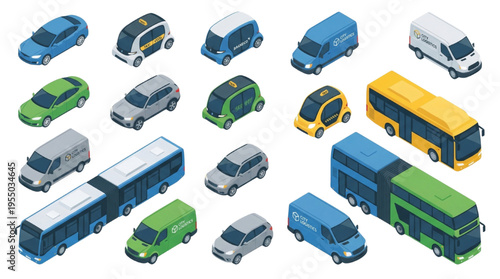 Modern City Transportation Isometric Vector Set: Buses, Delivery Vans, and Smart Cars