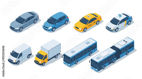 Isometric City Transportation Vehicle Vector Set: Cars, Taxis, Vans, Trucks, and Buses