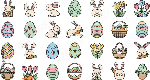 A vibrant compilation of colored, cartoon-style Easter icons showing decorated eggs, happy rabbits holding carrots, baskets overflowing with treats, and spring tulips.