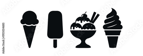 Black silhouette icons of an ice cream cone a popsicle a sundae dish and a soft serve cone.