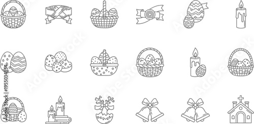 A grid display of small, black and white, outline-style icons for Easter themes, showing bells, gingerbread house shapes, and baskets arranged against a white background.