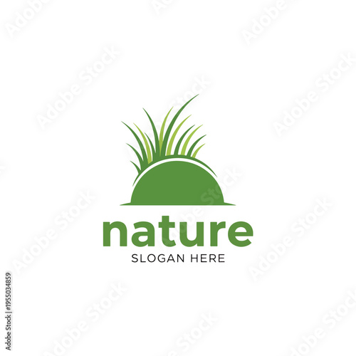 Vector graphic logo of green grass on a stylized earth mound, symbolizing nature and organic growth.