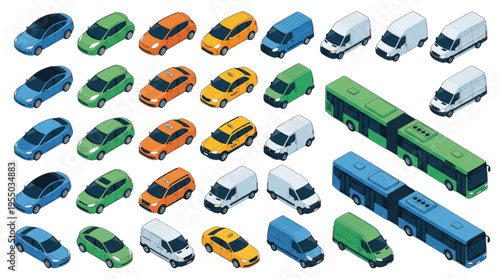 Isometric City Transportation Vehicle Vector Set: Cars, Taxis, Vans, Trucks, and Buses