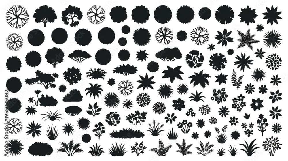 Fototapeta premium Top View Landscape Architecture Tree and Shrub Silhouette Vector Set: Garden Plan Symbols
